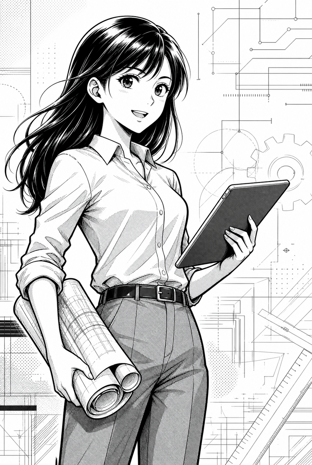 技術交流のモノクロ漫画風イラスト