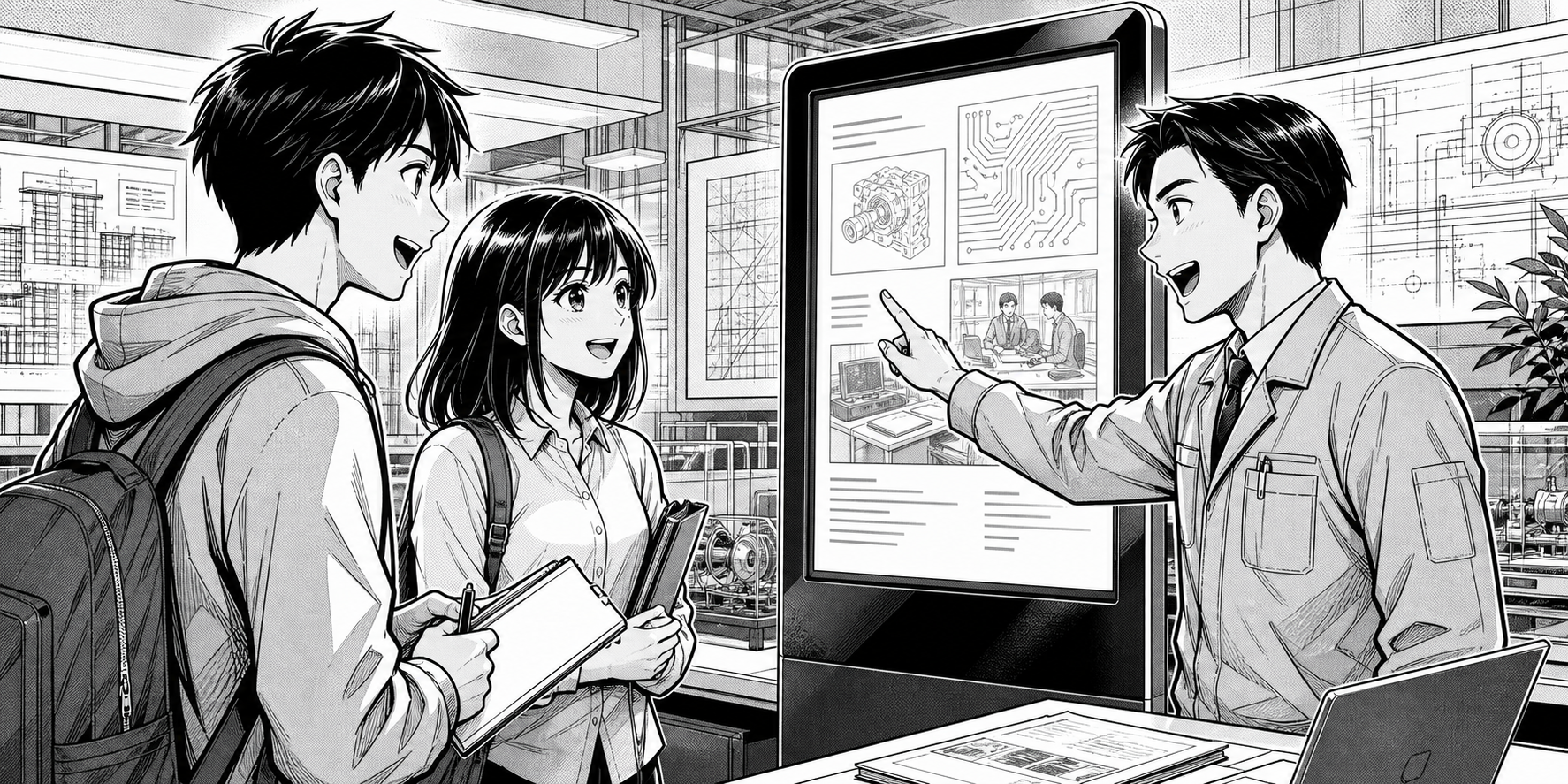 学内サイネージ企業リクエストのモノクロ漫画風背景