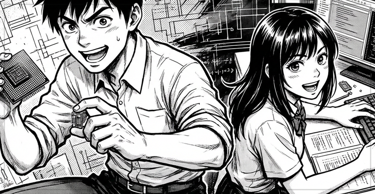 共同研究のモノクロ漫画風イラスト