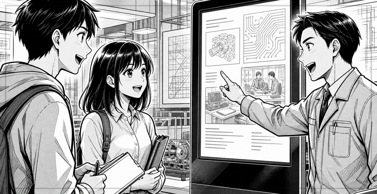 企業見学のモノクロ漫画風イラスト